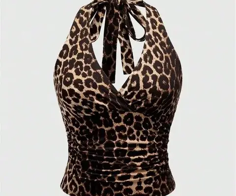 Jennifer Leopard Printed V-neck Backless Halter Crop Top