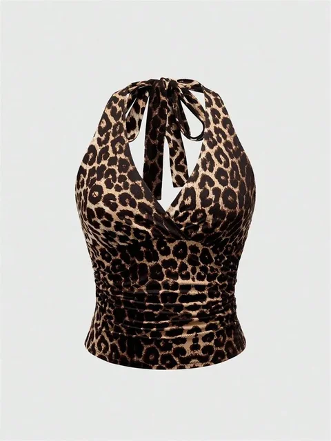 Jennifer Leopard Printed V-neck Backless Halter Crop Top